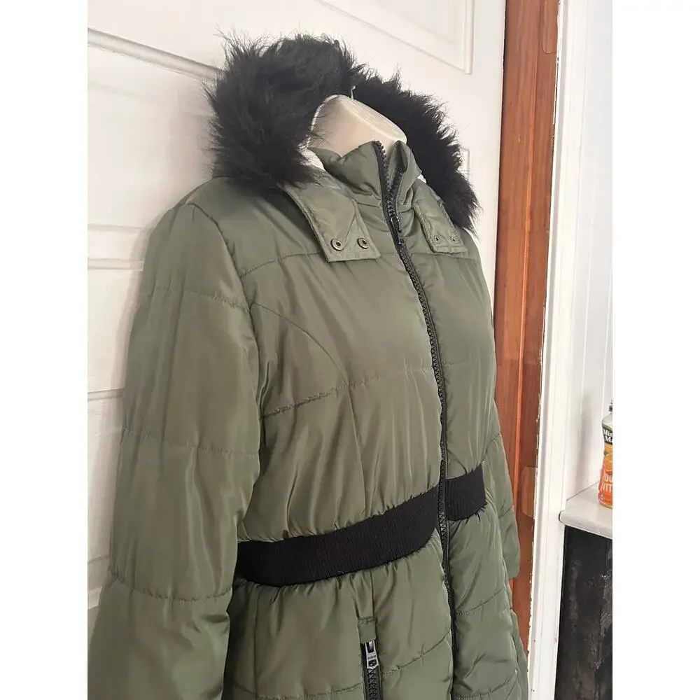 Hudson Girls Coat Size Large 12/14 Green Puffer Fur Hood Full Length Zipper XC